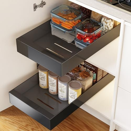 2 Pack Out Drawer Storage Shelves for Kitchen Cupboard, Heavy Duty Pull out Cabinet Organizer,No Drill and Storage for Kitchen, Cupboards, Pantry, Bathroom (43cm*25cm*7cm -black)