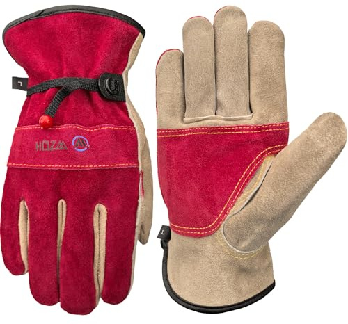 WZQH Guantes de Trabajo de Cuero Para Hombres y Mujeres. Para Jardinería, Soldadura, Construcción, Motosierras, Granjas, Pastos, etc. Piel de Vaca, Forro suave. Rojo rosa - Gris M