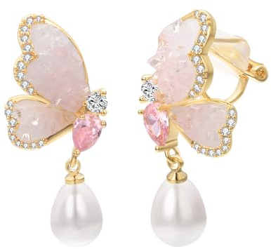 Vissen Rose Papillon Boucles D'oreilles Femme Clip Pendante Perle Baroque Plaqué Or Zirconium Clips Oreilles Non Percees Strass Bijoux