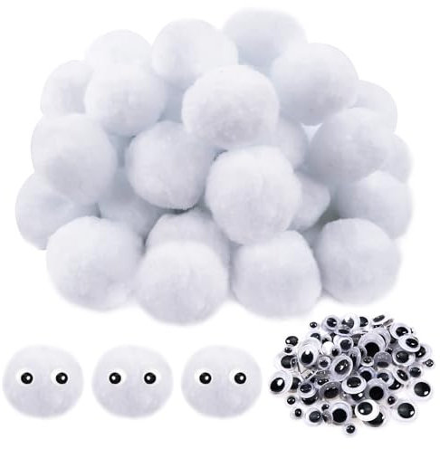 TOAOB 50 Stück Pompons zum Basteln Groß 5 cm Weiß Pompom Flauschigen Plüsch set Bälle Kunst Bommel mit Selbstklebend Wackelaugen für Dekorieren Verzieren Nähen DIY Lustige Kreativen Handwerk