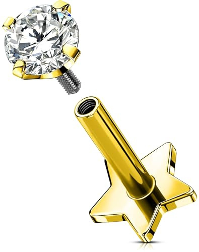 OUFER Body Piercing Gold Labret Piercing Titan Lip Piercingar Medusa Stud Bar 16G Helix Öronringar 5/6/8/10/10/12 mm Tragus Bar Internally Conch Flat Back Earrings Women, 6mm, Metall