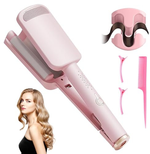 Ferro Arricciacapelli 32 mm, Piastra Onde Larghe 4 Temperatura Regolabile Ondulata Ferro Arricciacapelli Professionale Ceramica per Acconciature Effetto Riccio e Ondulati, Antiscottature (Rosa)