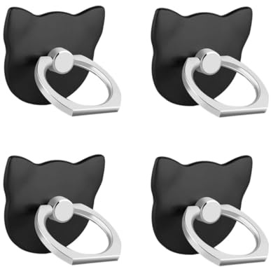 Msagkah 4 soportes para anillos de teléfono en forma de gato, 4 soportes de anillo antideslizantes y resistentes, giratorios de 360 grados, para teléfonos y tabletas (negro)