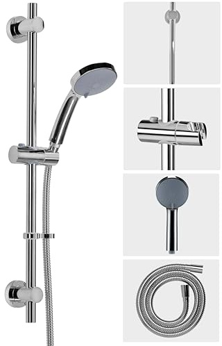 Croydex Presion High Pressure Chrome Shower Riser Rail Kit - Shower Head with 5 Spray Patterns, 68cm Riser Rail 1.75m Reinforced Stainless Steel Hose and Adjustable Slider with Flexi-Fix Wall Brackets