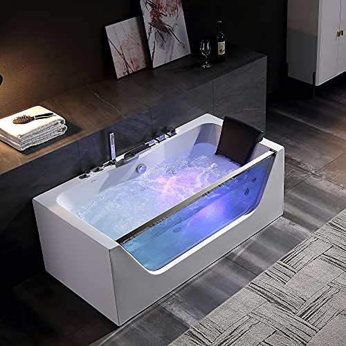 Empava 59 Acrylic Alcove Whirlpool Bathtub - 11 Jets Hydromassage with Chromatherapy, 750W, 58 Gallons, 3-Side Apron, Waterfall Faucet & ETL Certified