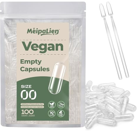 Leere Kapseln Größe 00 – 100 Stück Vegane Kapseln zum Befüllen mit 2 Mikrolöffeln – transparent, allergenfrei | Vegetarisch, Halal, Nicht GMO | Für DIY-Nahrungsergänzungsmittel und Kräuterfüllungen