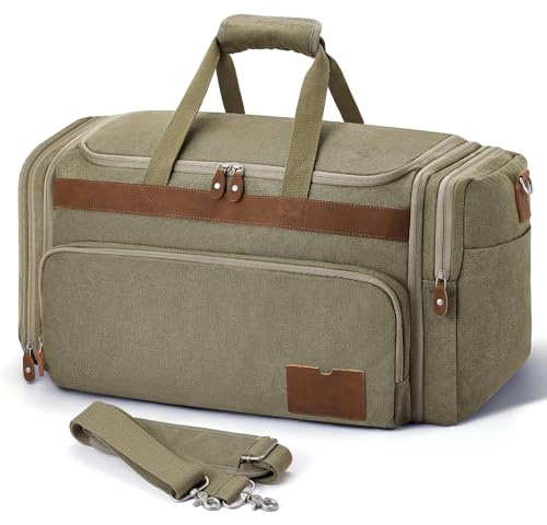 SHOWKOO Expandable Travel Duffel Bag with Shoe Compartment for Men - 60L Large Capacity Canvas Holdall Bag, Multi-Pockets Overnight Weekend Bag (Green Vintage)