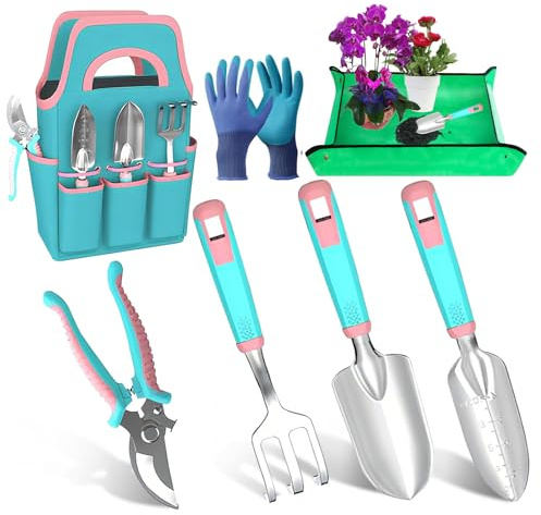 ROCKY&CHAO Lot de 7 outils de jardinage avec sac de rangement durable, poignée ergonomique antidérapante (macaron)