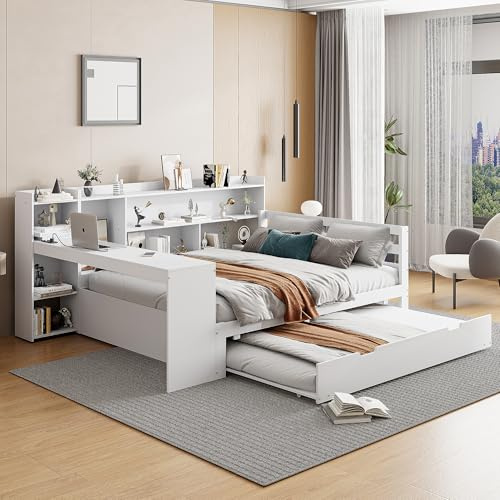 Divano letto 140 x 200 cm, multifunzione con estraibile, USB, scrivania, libreria, mensole, letto matrimoniale in legno con rete a doghe (beige con rotelle, 140 x 200 cm)