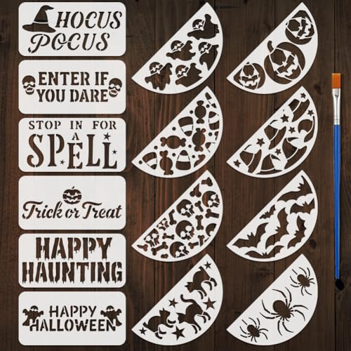 FINGERINSPIRE 14 st Halloween-mönster schabloner med 1 st borste 30 x 15 cm ord spöken skelett spindlar mönster schablon halloween tema mall för målning på vägg trä fönster dörr hus skylt dekor
