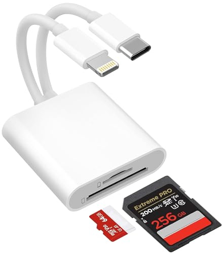 Lecteur Carte SD pour iPhone/iPad/Android/Camera, 2 en 2 Adaptateur Carte SD avec Double connecteurs USB C et Lightning, Adaptateur Appareil Photo iPhone pour Micro SD/SD, Lecteur Micro SD