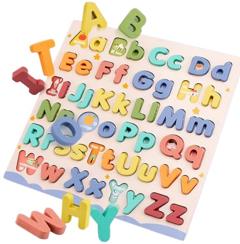 Bkljkf Puzzle in legno con lettere maiuscole, lettere minuscole, alfabeto, giocattolo educativo | Tavola da gioco con lettere a incastro per abilità motorie asilo prescolare