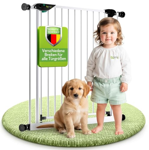 BOMI Baby Treppenschutz Mira | Ohne Bohren | 90° Stop | Schließt automatisch | Treppenschutzgitter zum Klemmen in Weiß | Kindergitter treppe ohne Bohren aus Metall | Breite: 193-201 cm