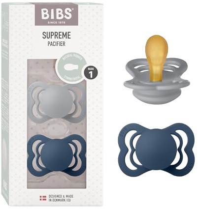 BIBS Supreme Soother 2-Pack, BPA Free Dummy Pacifier, Symmetrical Nipple. Natural Rubber Latex, Size 1 (0-6 Months), Cloud/Steel Blue