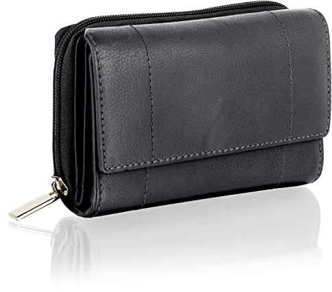 Woodland Leathers Purses for Women, Real Leather RFID Protection Small Purse Wallet with Card and Zip Coin Pockets (Black)