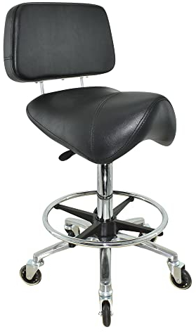 VAKON SALON - Breiter Sattelhocker mit Lehne, Sattelstuhl für Rückenentlastung, Rollhocker höhenverstellbar von 55-75 cm mit Fußring, Drehhocker, Praxishocker, Bürohocker, Arbeitshocker