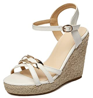 Sintético sexy peeptoe hebilla correa tacón cuña sandalias mujer tacón alto con 11 cm bombas para mujer talla grande t33-502, Blanco, 42 EU