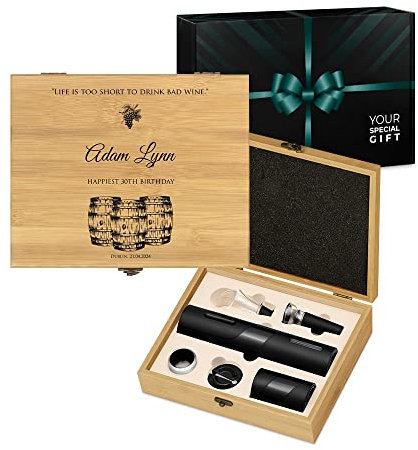 Maverton Wine Opener Accessories for Birthday - Customised Wine Set for Men - Opening kit with Electric Opener - Overprinted Wooden Box - Personalised Gift for a Wine Lover - Winery