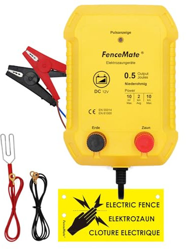 FenceMate 12V Weidezaungerät 0,5J für 2 bis 10 km, Spitzenspannung 10kV für Geflügel, Hobbytiere, Steuergerät zum Schutz von Gärten und Grundstücken
