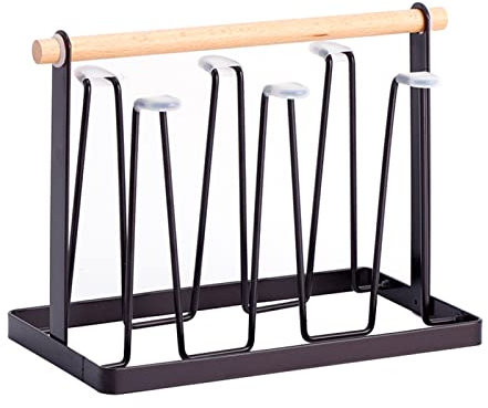 HERCHR 6 Bottle Drying Rack Cup Drying Rack Stand Metal 6 Cup Mug Holder with Wood Handle Metal Drainer Holder Drinking Glass and Sports Bottle Stand for 6 Mugs