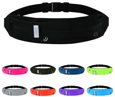 WATERFLY Running Belt Fanny Pack: Runner Marathon Jogging Waist Pack Sport Workout Exercise Fitness Phone Holder Belt for Men Women Jogger Slim Waist Bag Black