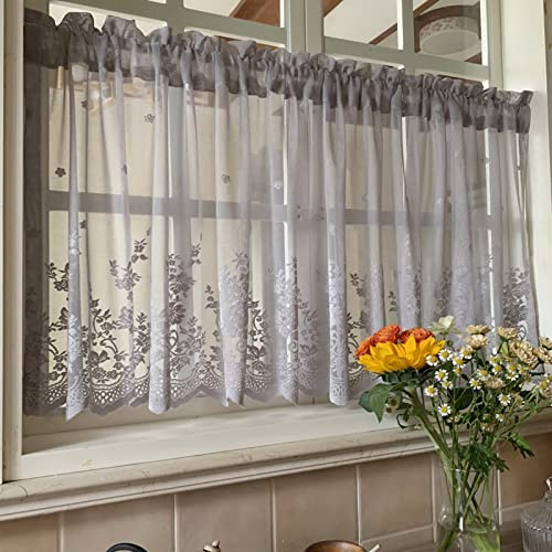 A.Monamour Tenda Corta per Finestra Piccola in Voile Trasparente Grigio Chiaro con Ricamo Floreale Pizzo Tendina Tenda da Cucina Bistrot Caffè Mezza Tenda Tenda a Vetro a Pannello Tenda Porta