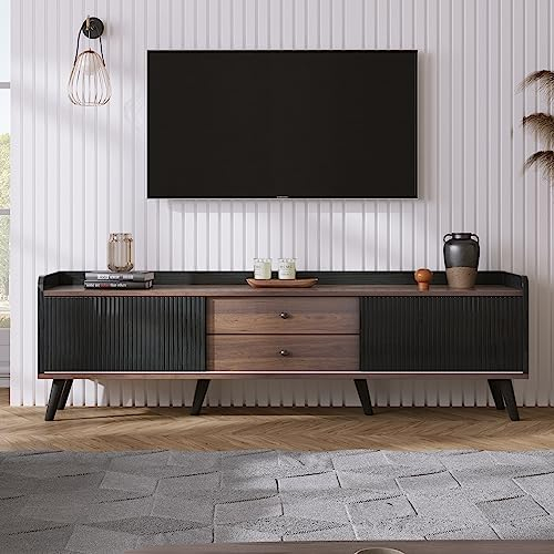 ZUUYEE TV-Schrank mit Zwei Schubladen, Fernsehtisch TV Board, TV-Lowboard niedrige Platte mit Zwei Schiebetüren. Schwarz und Holzfarbe. 160 cm