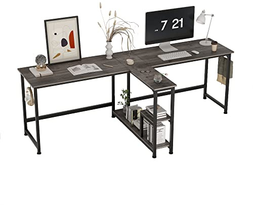 CAIYUN 83.7 Two Person Desk, Computer Desk with Storage Shelves, Office Desk with Monitor Stand, Long desks for Home Office, GreyOak