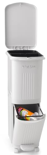 Warmiehomy Recycling Bins for Kitchen Double Bin with Pedal 30L Dry and Wet Separation Rubbish Bin with Inner Bucket 3 Compartment Bin with Wheels