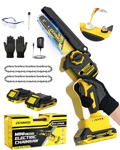 Zenmos Mini Chainsaw Cordless 6 in, Cordless Chainsaw with 2x2000mAh Batteries, Small Chain Saw with Automatic Lubrication Safety Protection, Cutter for Sawing Trees Boards, Stocking Stuffers Men Dad