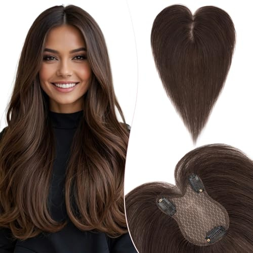 Silk-co 11 Pouces Volumateur Capillaire Femme Naturel Avec Frange Centrée Pour Chevelure Clairsemée cheveux humain 8 * 11cm-21g Toupet Femme Densité 150% Base en Soie, #2 Brun Foncé