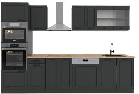 Vicco Küchenzeile R-Line, Anthrazit Landhaus/Anthrazit, 300 cm mit Hochschrank, AP Eiche