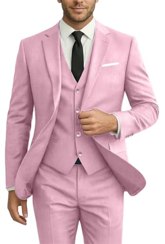 Ensemble de costume 3 pièces à coupe cintrée pour homme, formel et décontracté, costume de bal pour garçons d'honneur, marié, comprend une veste, un blazer et un pantalon, rose, Taille S