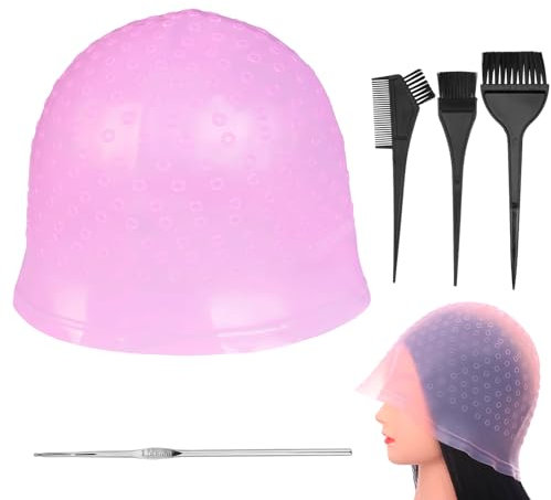 Punched Hole Silicone Highlight Hair Cap with Needle Brushes, 5 PCS Silicone Highlight Hair Cap Kit, Reusable Professional Salon Highlighting Frosting Tools for Professionals Women Men