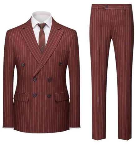 Costume 2 pièces à double boutonnage pour homme - Coupe ajustée - Pour les affaires, les mariages, les bals, les bals de fin d'année - Costume rayé, bordeaux, 48