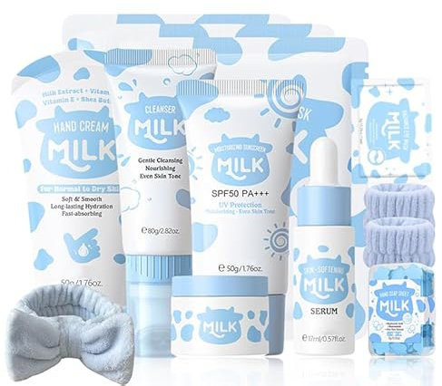 Milk Skin Care Sets & Kits, Teenage Girl Gifts, Milk Skincare Set for Teen Skincare, Facial Skincare Kit for Women with Cleanser,Serum,Cream,Eye & Fack Mask, Hand Cream,Sunscreen,Hand Soap