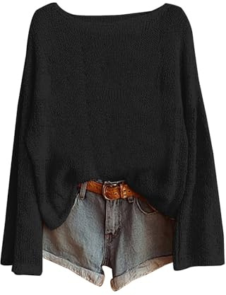 Boho Jumpers for Women UK Ladies Vintage Boho Floral Crochet Sweater Oversized Boat Neck Long Sleeve Pullover Tops Lightweight Ribbed Knit Bohemia Blouse Black-Solid Crochet Tops for Women Ukukk L