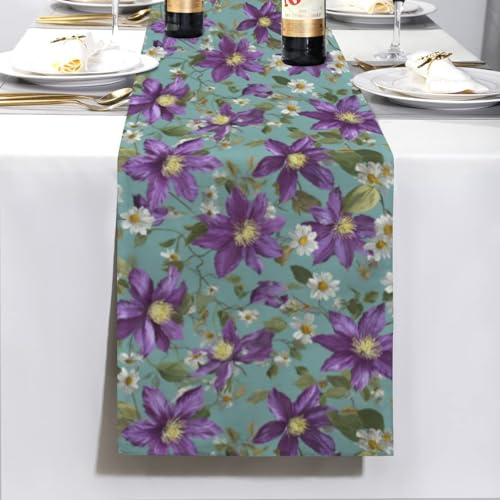 Purple Clematis and Small Daisy Table Runner 72 x 13 inch Seasonal Kitchen Dinning Table Decor for Birthday Wedding Banquet Holiday Party Baby Shower