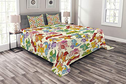 ABAKUHAUS Kinder Tagesdecke Set, Glückliche Dinasours, Set mit Kissenbezügen Waschbar, für Doppelbetten 264 x 220 cm, Blau Mehrfarbig