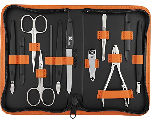 marQus Solingen Mega Maniküre Pediküre Set 12 Teile - Nageletui für Herren und Damen mit allem was man für die Nagelpflege braucht, in hochwertigem Echt-Leder Etui, Orange