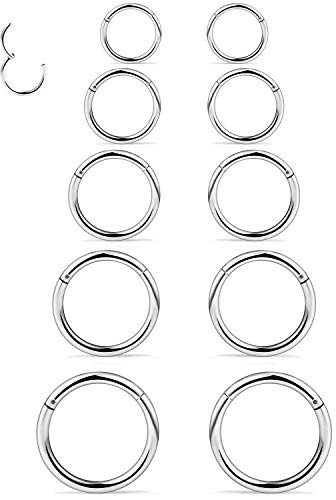 Dyknasz 10PCS 16G Surgical Steel Hinged Clicker Segment Septum Lip Nipple Ring Hoop Cartilage Tragus Helix Sleeper Earrings Piercing Jewelry for Women Men 8mm 10mm 12mm 14mm 16mm Silver