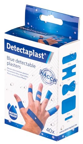 Detectaplast 40 cerotti impermeabili universali per uso alimentare, cerotti rilevabili di primo soccorso, 9 x 38, 19 x 72, 25 x 72, punte per dita e articolazioni, colore: blu