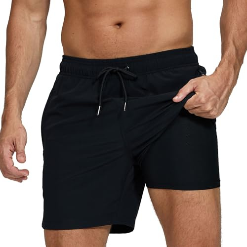 Aisprts Badshorts för män, badbyxor med kompressionsfoder, 2-i-1, snabbtorkande, stretchiga, för män, brädshorts med 2 fickor med dragkedja, Svart, XL