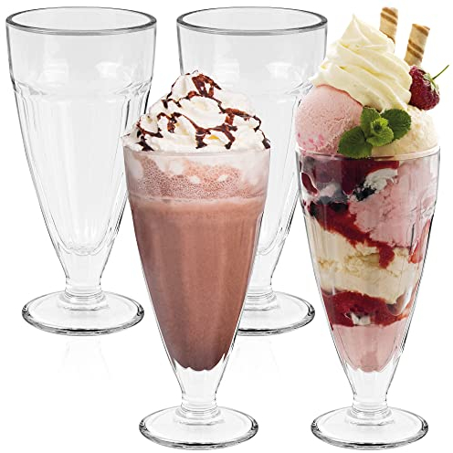 HEFTMAN Eisbecher – Set mit 4 großen 350 ml Milchshake-Gläsern mit klassischem, klarem Design – Retro American Diner Style Knickerbocker Glory Glas, spülmaschinenfest, ideal für Dessert (4 Stück)