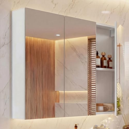 Mendler Spiegelschrank HWC-B19b, Badschrank Hängeschrank, 6 Regalböden Hochglanz FSC®-Zertifiziert 70x80x16cm - weiß