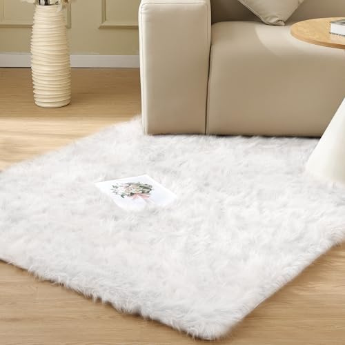 ORINOVA Alfombra blanca de pelo largo lavable para sala de estar, alfombra de piel sintética de oveja mullida para dormitorio, cuarto de bebé, alfombra bohemia de 3 x 5 pies