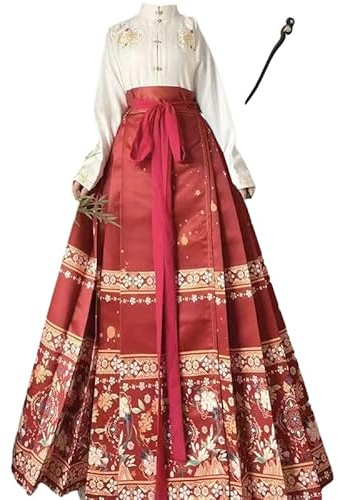 Uplateng Chinese Dress Cheval Visage Jupe Femmes Chinois Traditionnel Vintage Chinese Dress Plis Jupe Rouge Bleu Noir Beige Chemise + Jupe Ensembles Grande Taille XL (White with Red,L)