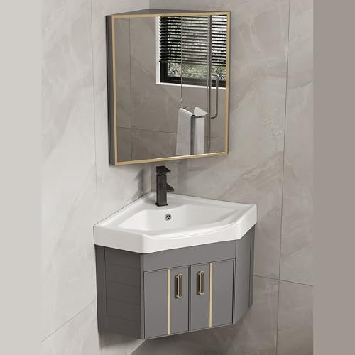 ZDMZR Lavandino da Bagno Ad Angolo, Mobile Bagno con Lavabo E Specchio, Lavabo Bagno Sospeso, Lavabo da Bagno con Contenitore (Color : Grigio, Size : 48cm/19in)
