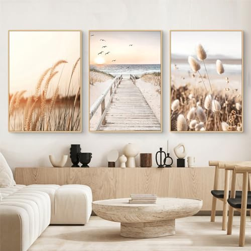 Uixxducc 3-teiliges Aesthetic Poster Set Natur Küstenstrand Seevogel-Szenerie Bilder Set Wandbilder Wohnzimmer, Beige Boho Pampasgras Bilder, Schlafzimmer Deko, ohne Rahmen (A,40x50cm)