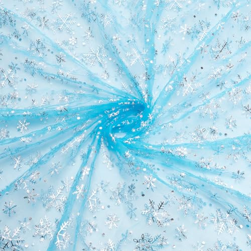BENECREAT 91 cm snöflinga tylltyg, 160 cm blått rent organza-tyg med silverfolie snöflinga tryck för klädtillbehör, slöjklänning, gardin hem juldekorationer